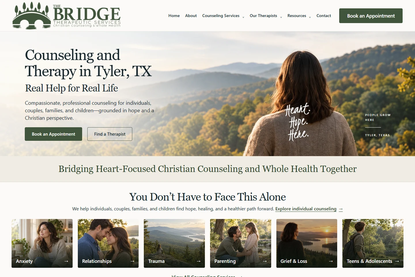 Redesigned homepage of The Bridge Therapeutic Services counseling website