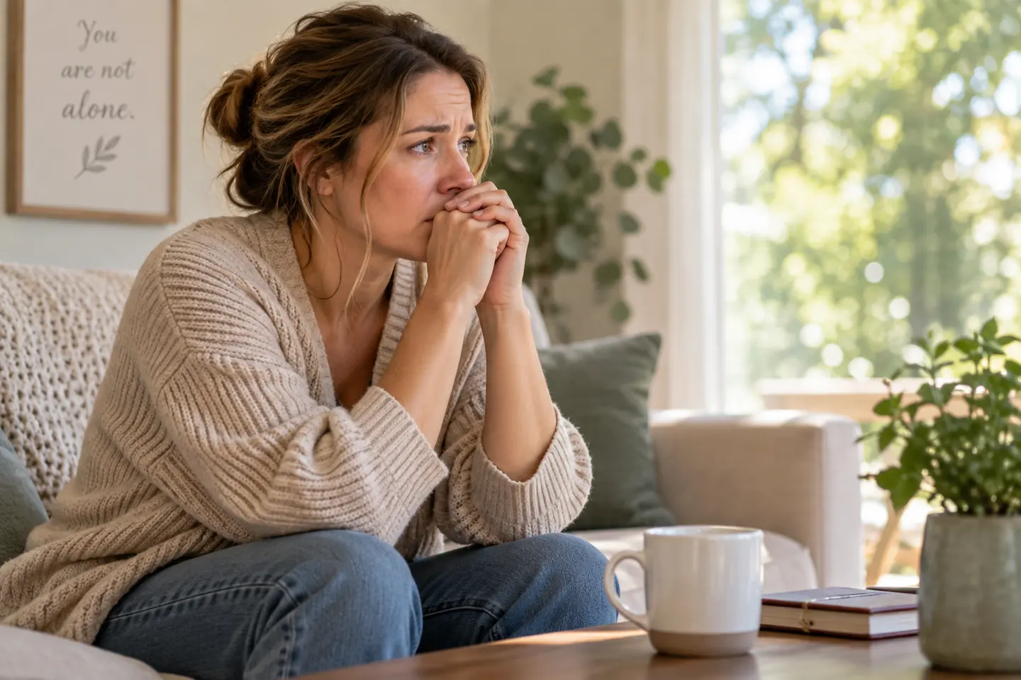 A woman sitting on a sofa with her hands clasped near her mouth, looking toward a sunlit window