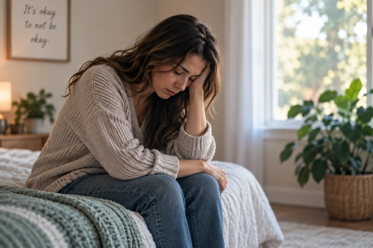 A woman sitting on the edge of a bed, looking down with her head resting against one hand