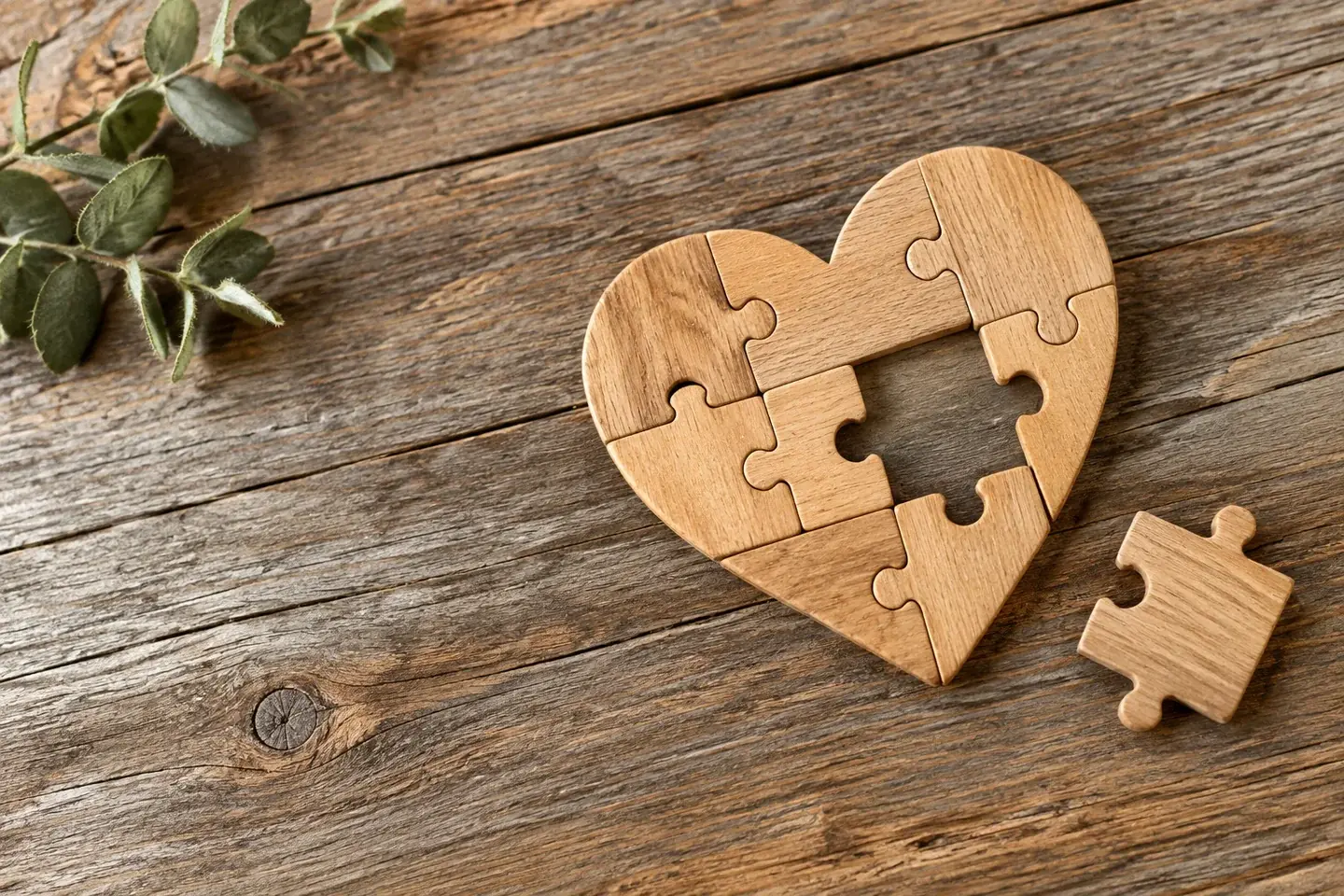 A wooden heart puzzle with one piece missing and resting beside it