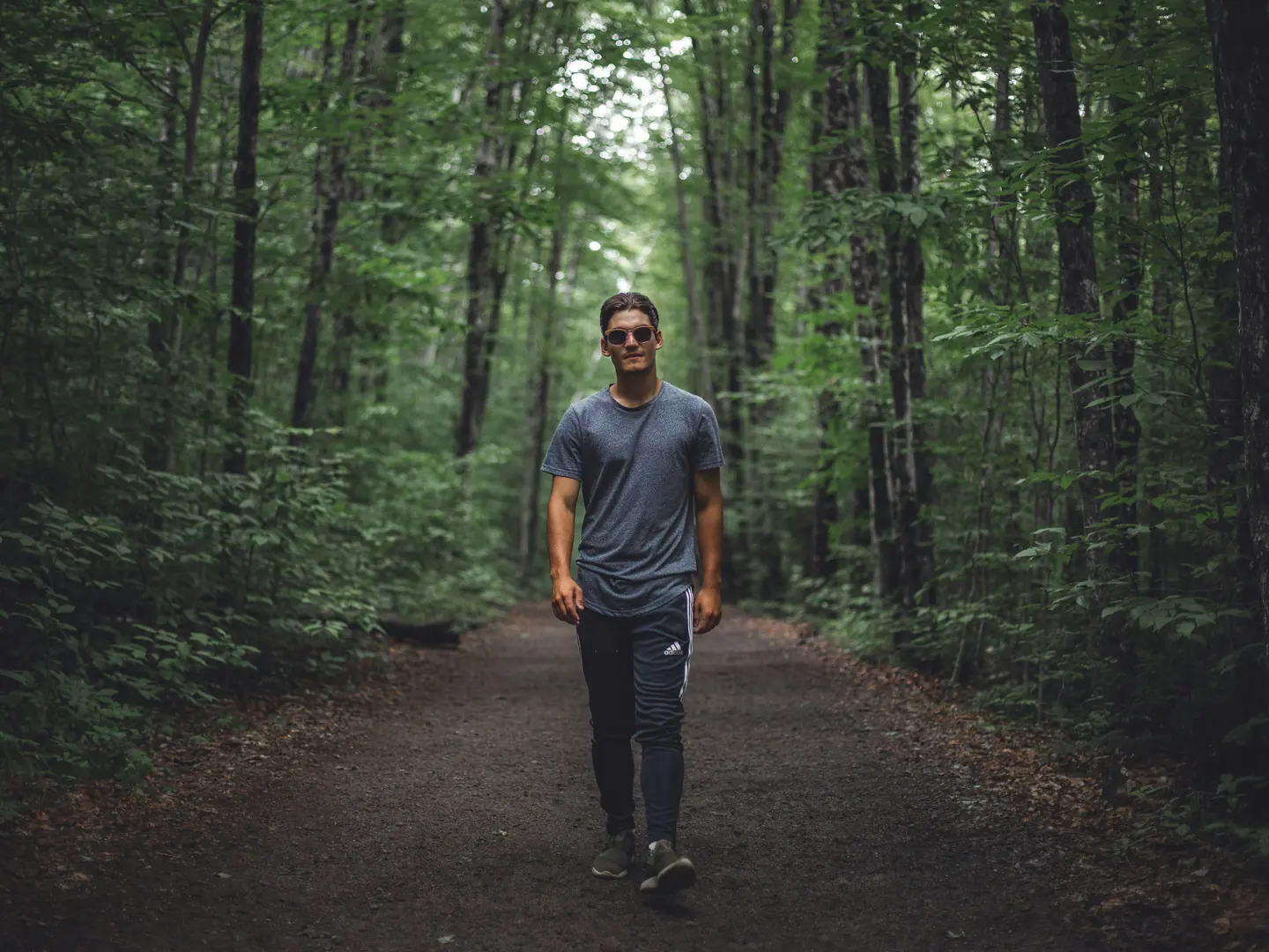 A man walking along a wooded path