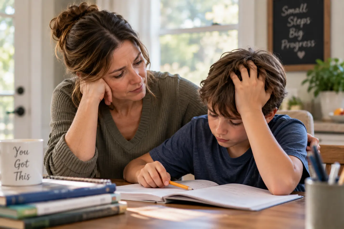A woman sitting beside a child working in a notebook at a table, with her arm around him
